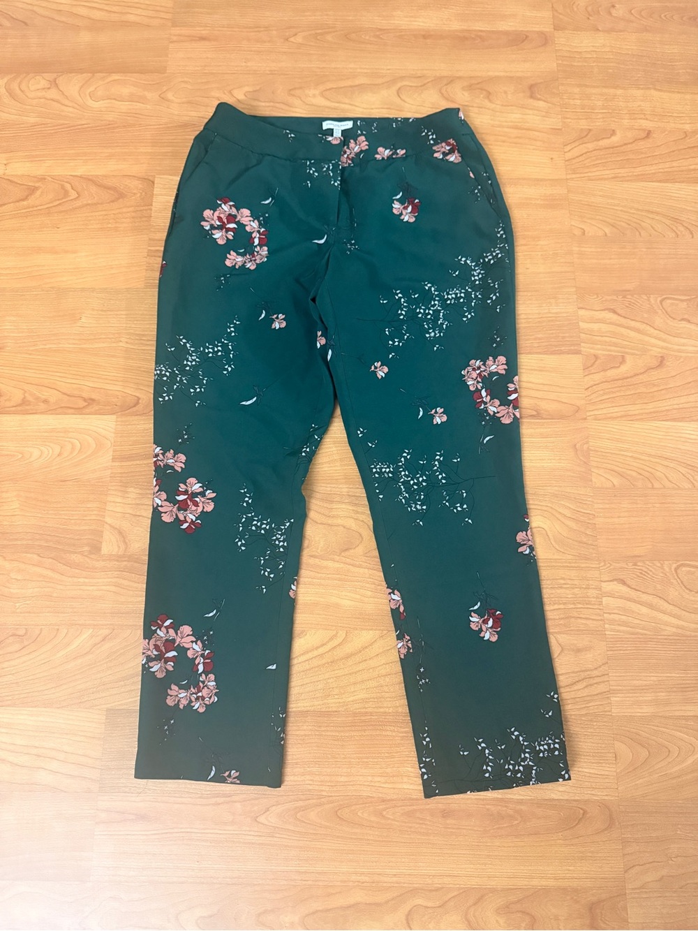 Dark Green Floral Straight-Leg Pants
